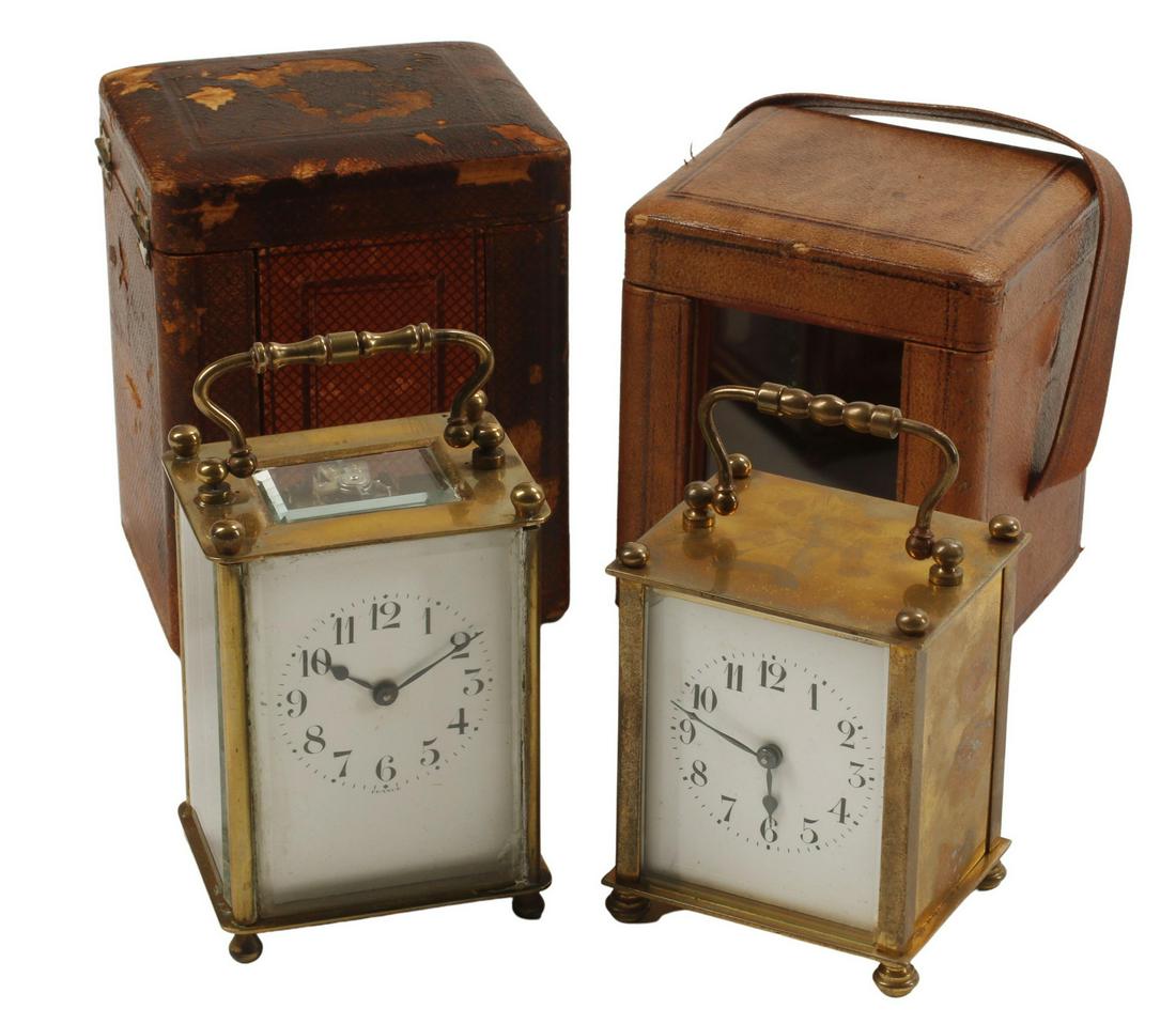 (2) CARRIAGE CLOCKS IN LEATHER CASES, 19TH C. (1 of 4)