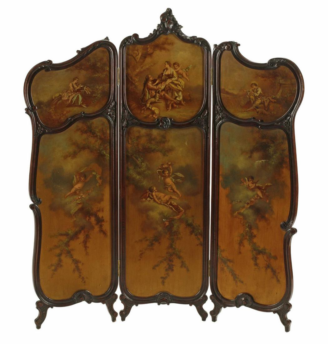 FRENCH PAINTED THREE-PANEL SCREEN, 19TH C. (1 of 5)