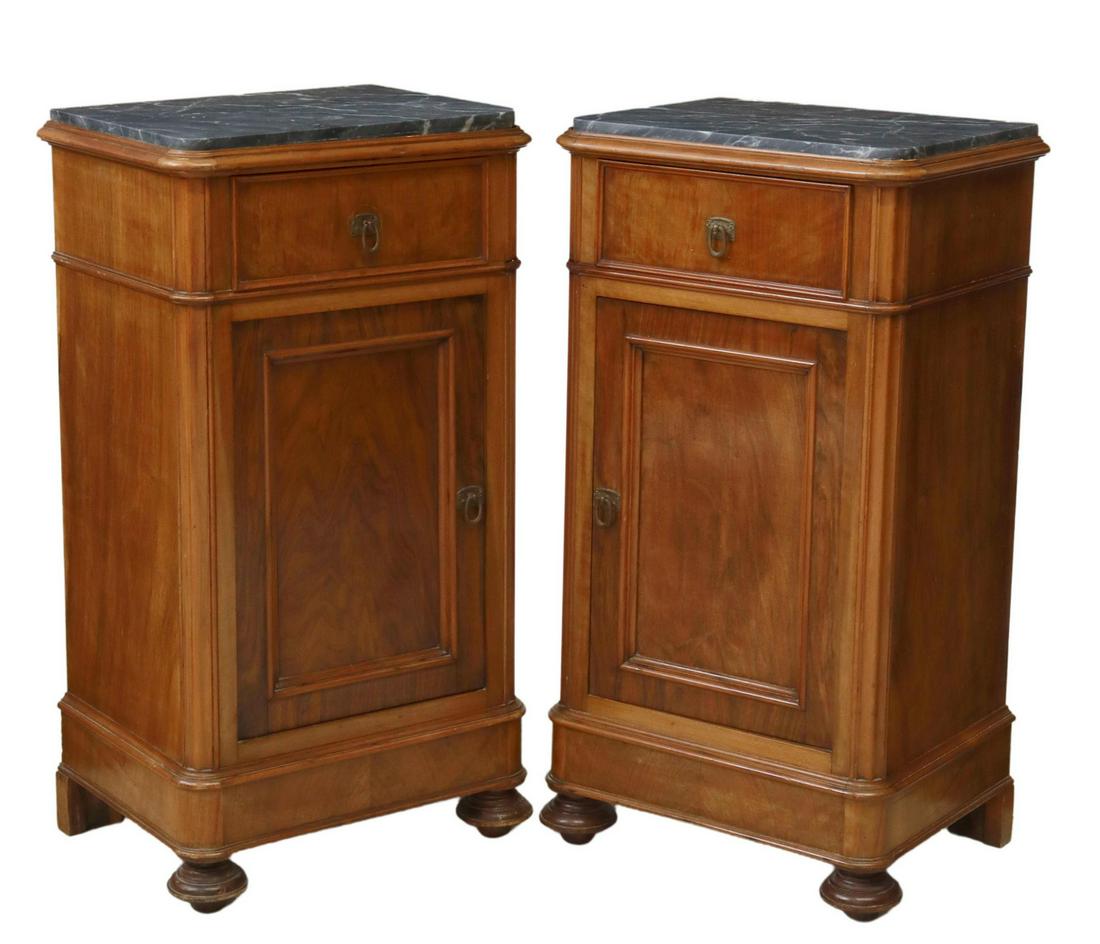 (2) ITALIAN MARBLE-TOP WALNUT BEDSIDE CABINETS (1 of 6)