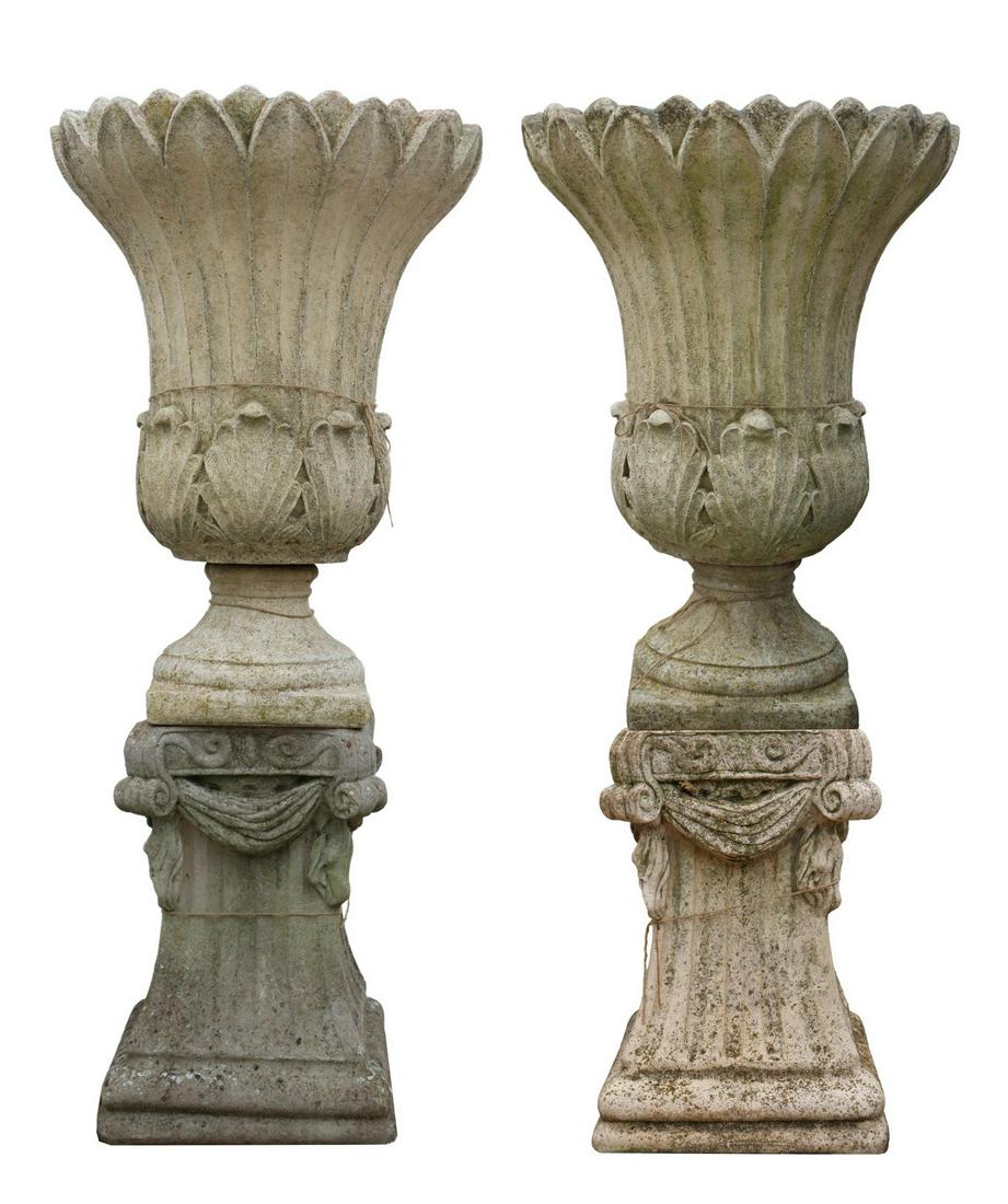 (LOT) LARGE CAST STONE TULIP URNS ON BASES, 57.5"H (1 of 3)