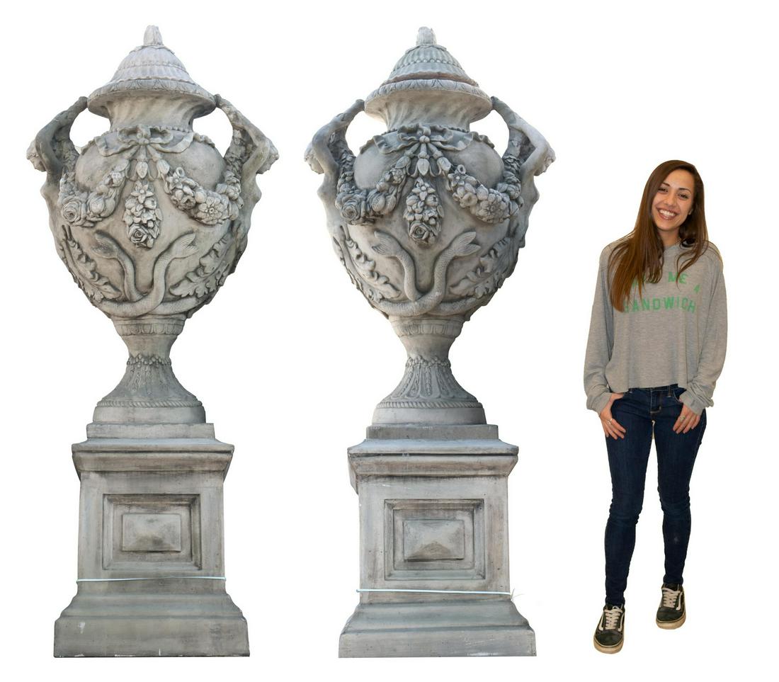 MONUMENTAL CAST STONE GARDEN URNS & BASES, 75"H (1 of 3)