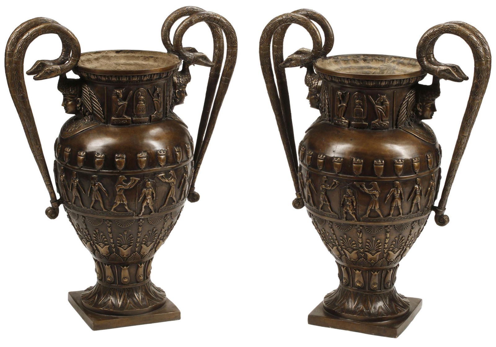 (2) EGYPTIANESQUE STYLE PATINATED BRONZE URNS (1 of 4)