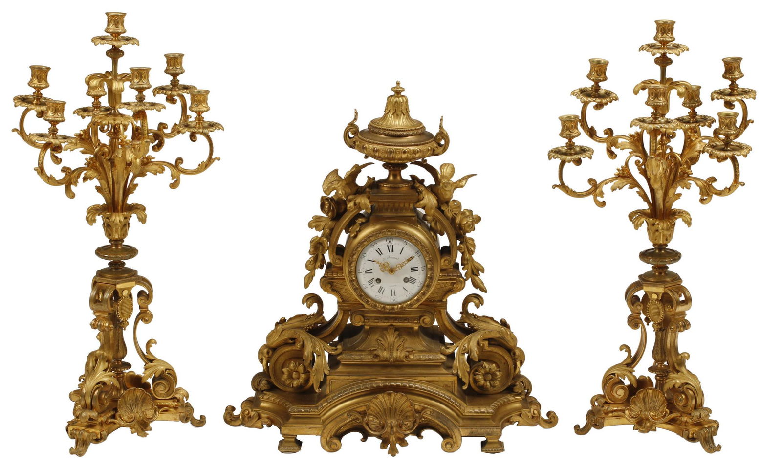 (3) FRENCH BRONZE DORE MANTEL CLOCK & CANDELABRA (1 of 5)