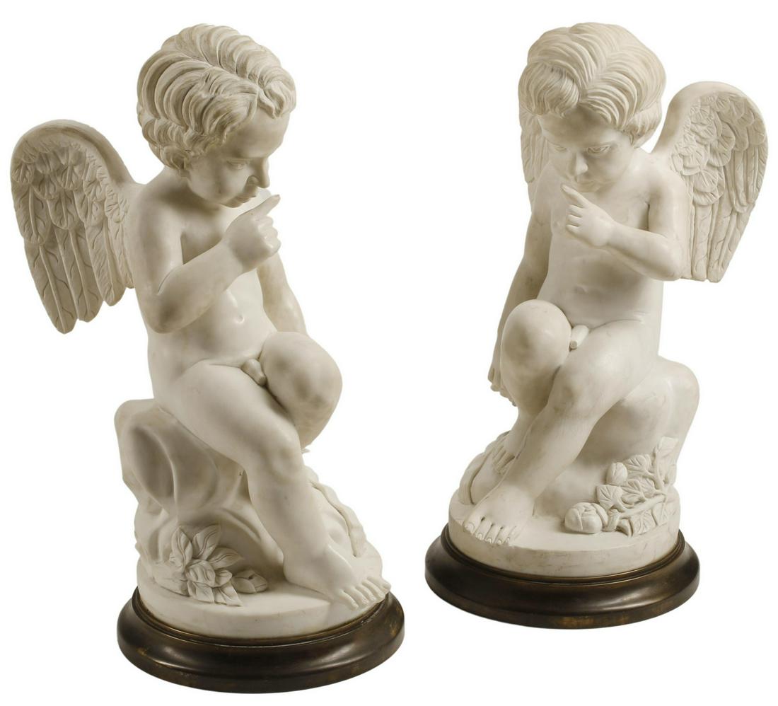(2) ITALIAN CARRARA MARBLE CHERUBS ON BRONZE BASES (1 of 5)