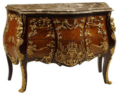 FRENCH LOUIS XV STYLE ORMOLU-MOUNTED COMMODE: French Louis XV style marble-top commode, parquetry inlaid case, with bronze dore mounts, after Charles Cressent (French, 1685-1768), approx 35"h, 48"w, 22"d Start Price: $800.00