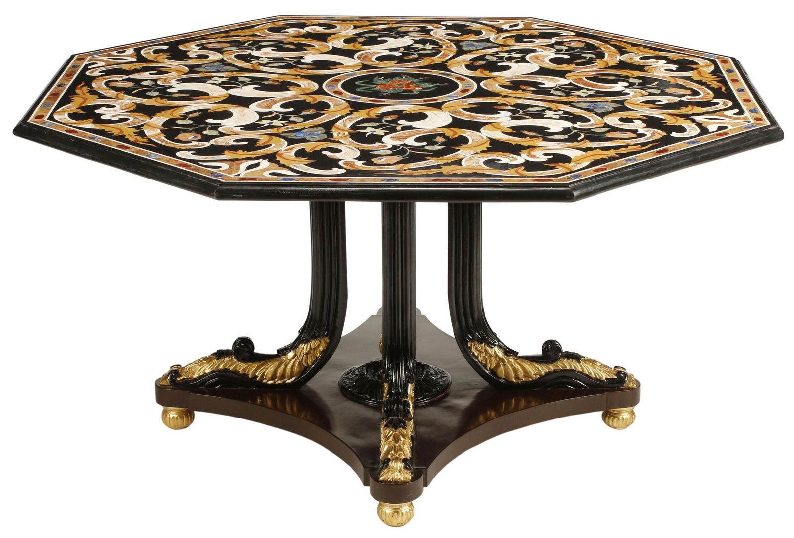 ITALIAN PIETRA DURA TOP EBONIZED & GILT TABLE (1 of 4)