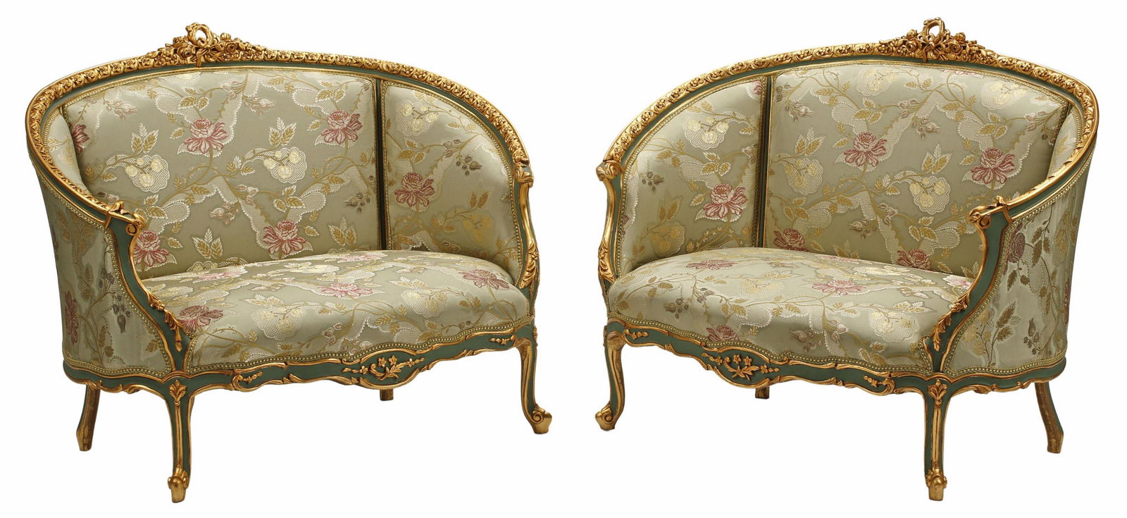 (2) ITALIAN PARCEL GILT & PAINTED CANAPE SETTEES: (pair) Italian carved wood canape settee/ sofa, parcel gilt and polychrome painted, approx 37"h, 47"w, 30"d, seat height: 15"h Start Price: $500.00