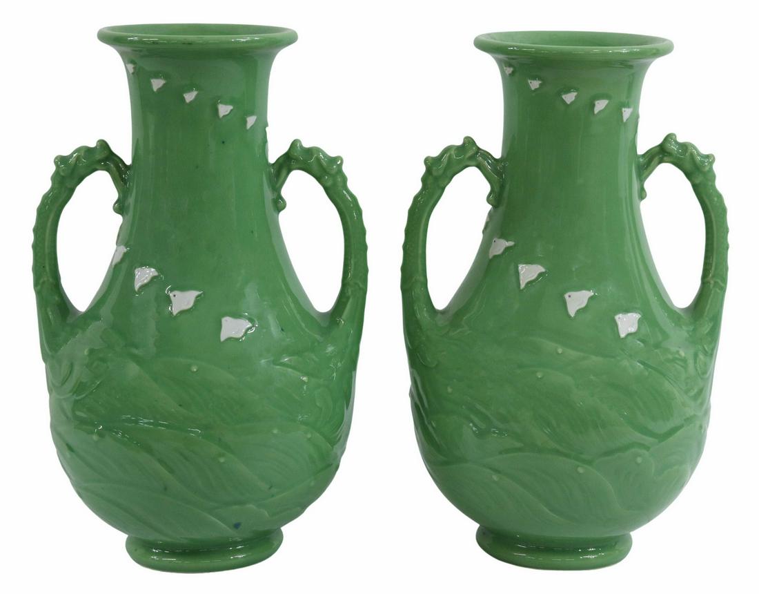 (2) JAPANESE GREEN CERAMIC HANDLED VASES, 19"H (1 of 6)