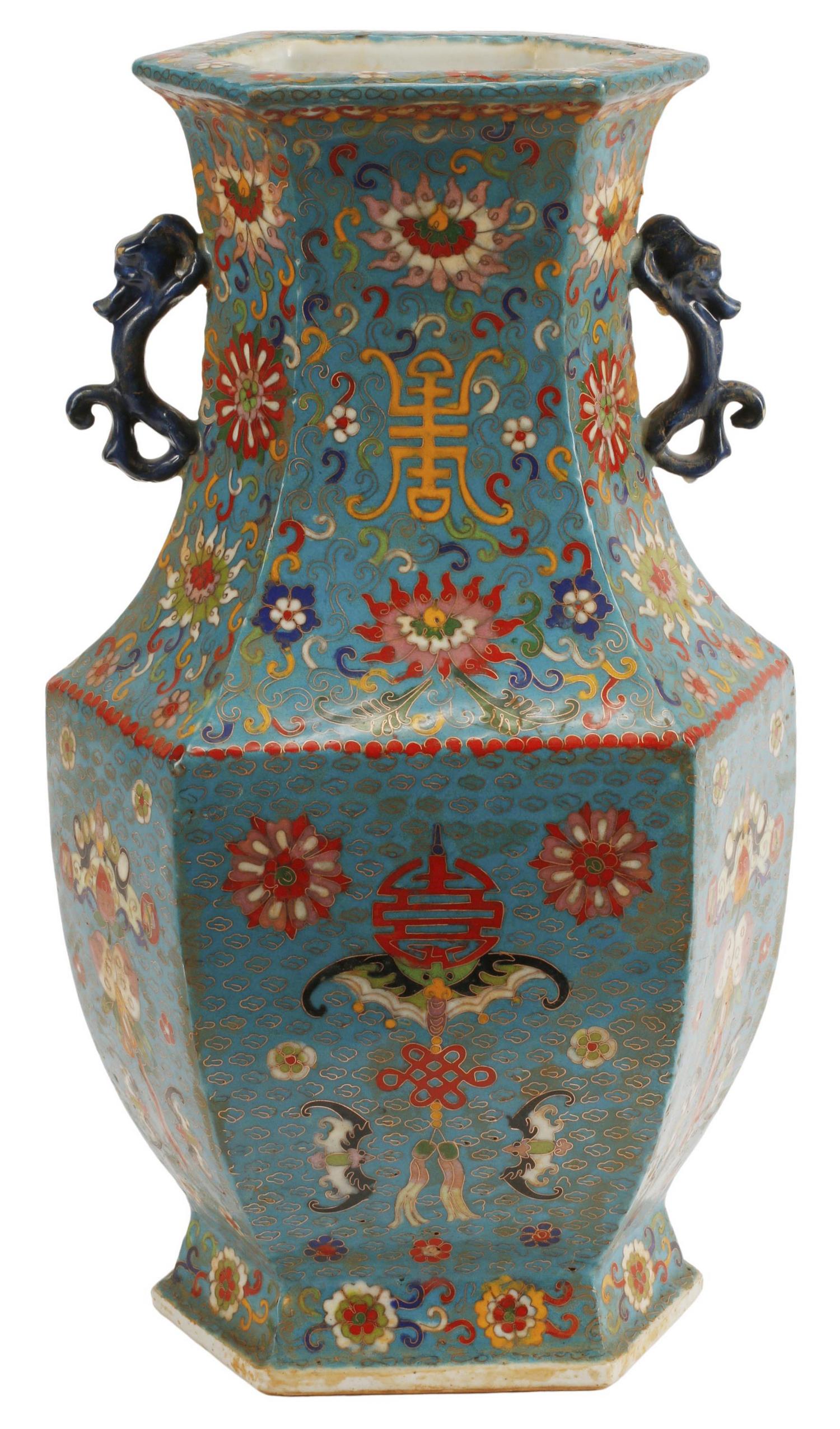 CHINESE CLOISONNE OVER PORCELAIN HEXAGONAL VASE (1 of 4)