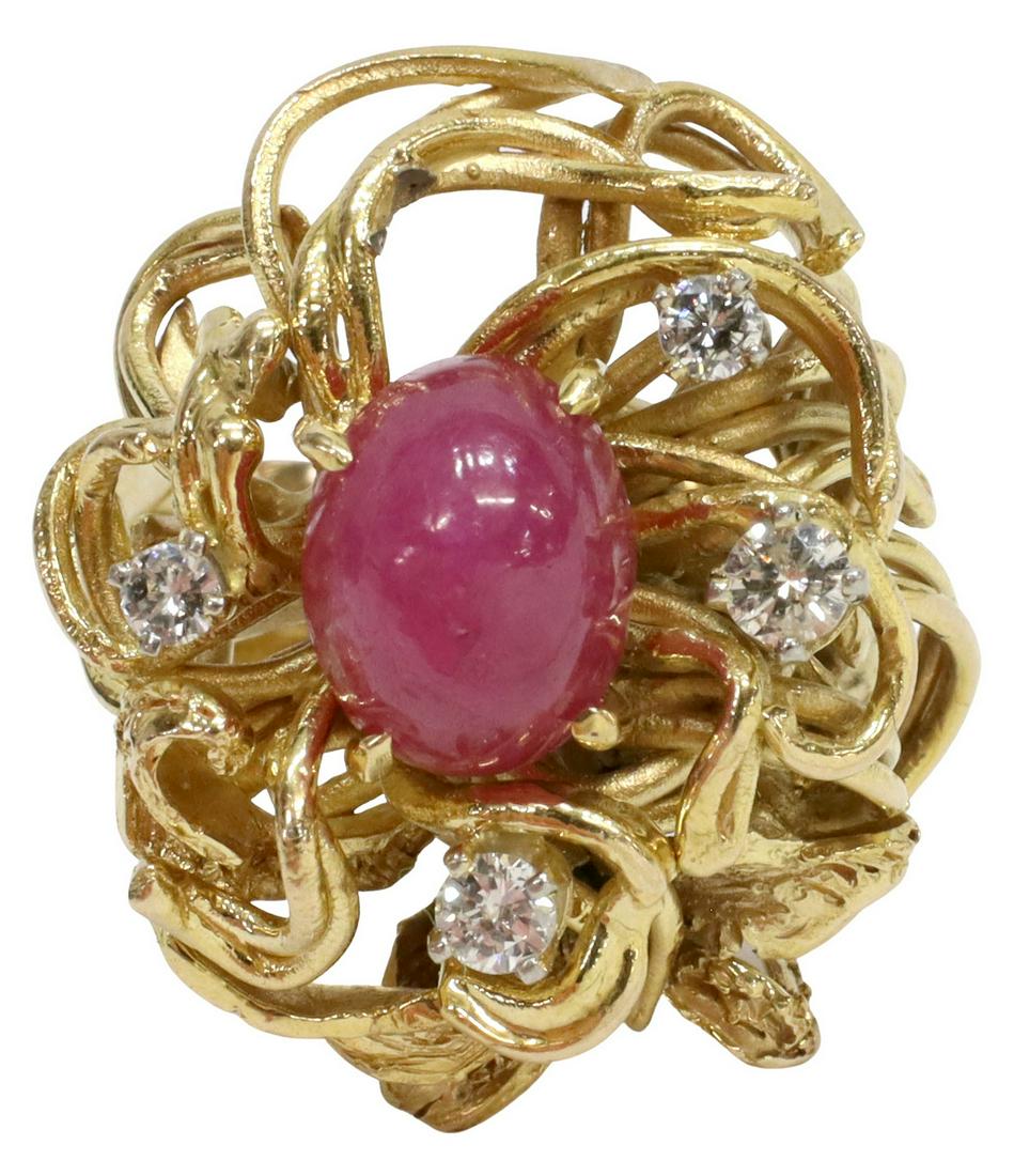 ESTATE 14KT GOLD & RUBY CABOCHON & DIAMOND RING (1 of 4)