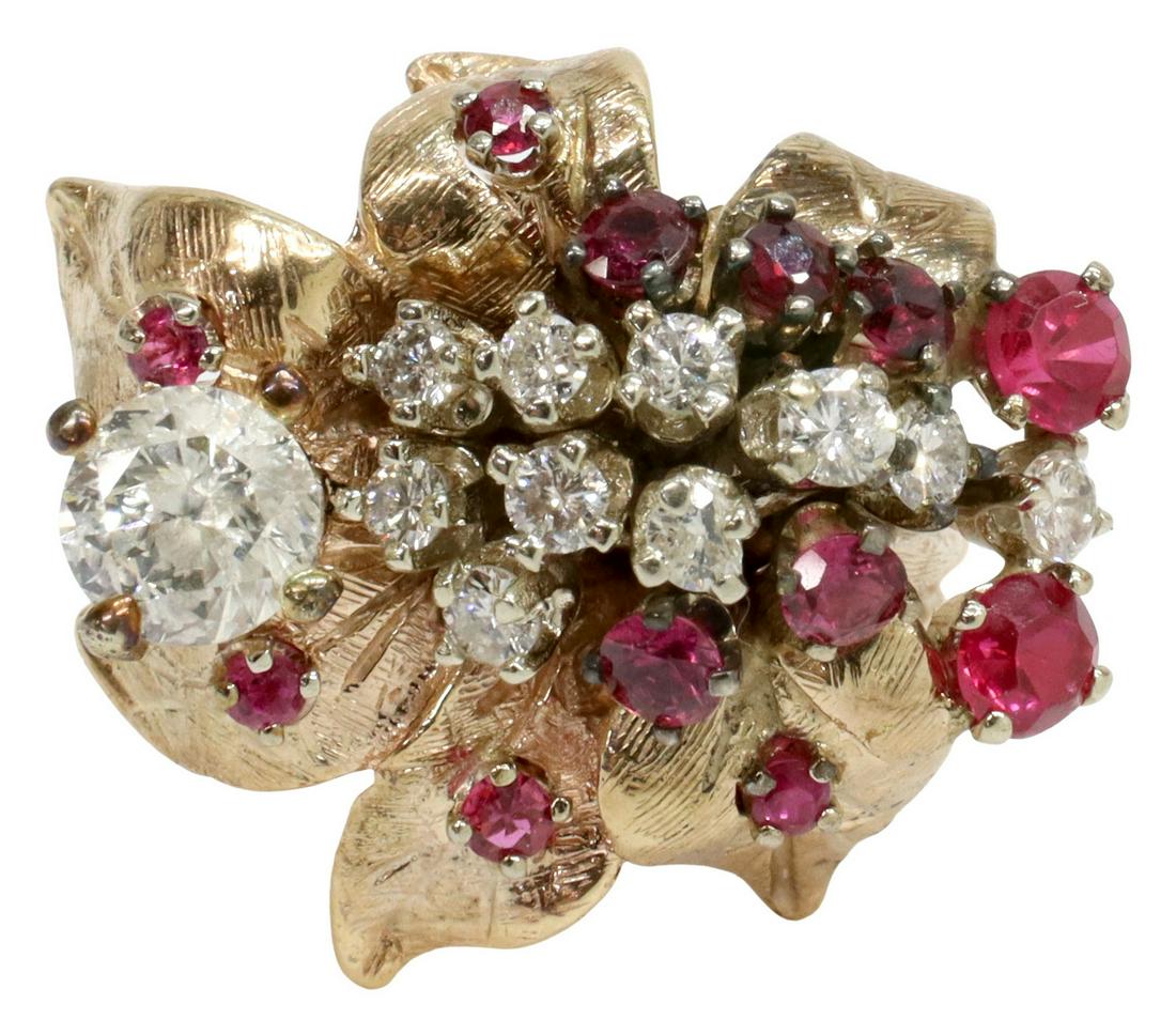 ESTATE 14KT RUBY & 1.24CTTW DIAMOND FLORIFORM RING (1 of 5)
