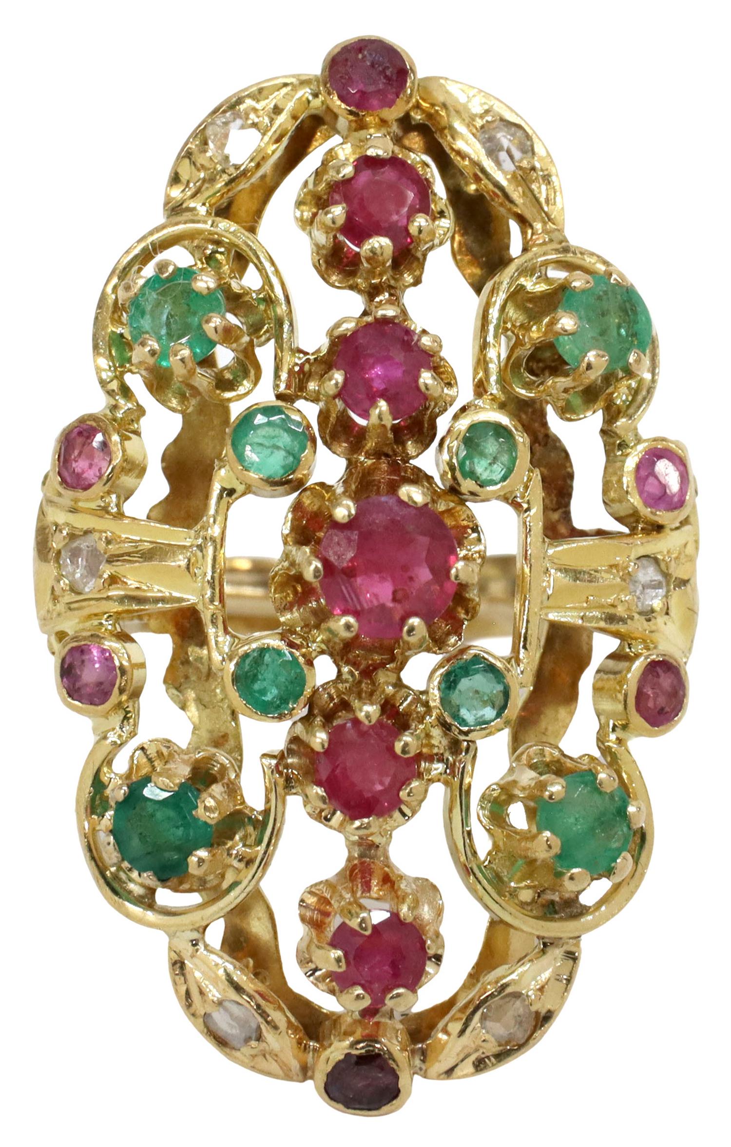 ESTATE 18KT GOLD DIAMOND EMERALD & RUBY RING (1 of 5)