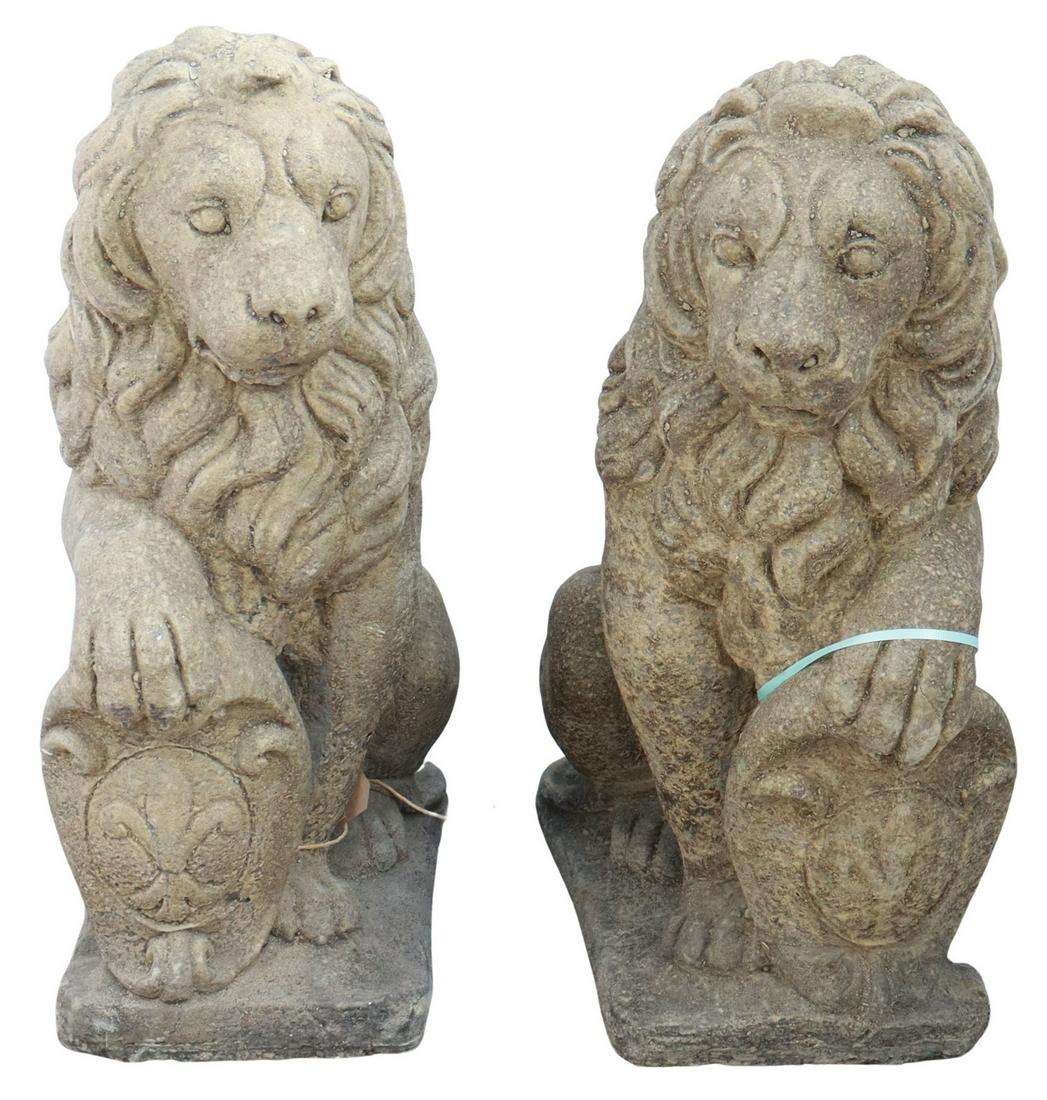 (2) CAST STONE HERALDIC LIONS FLEUR-DE-LIS SHIELD (1 of 2)
