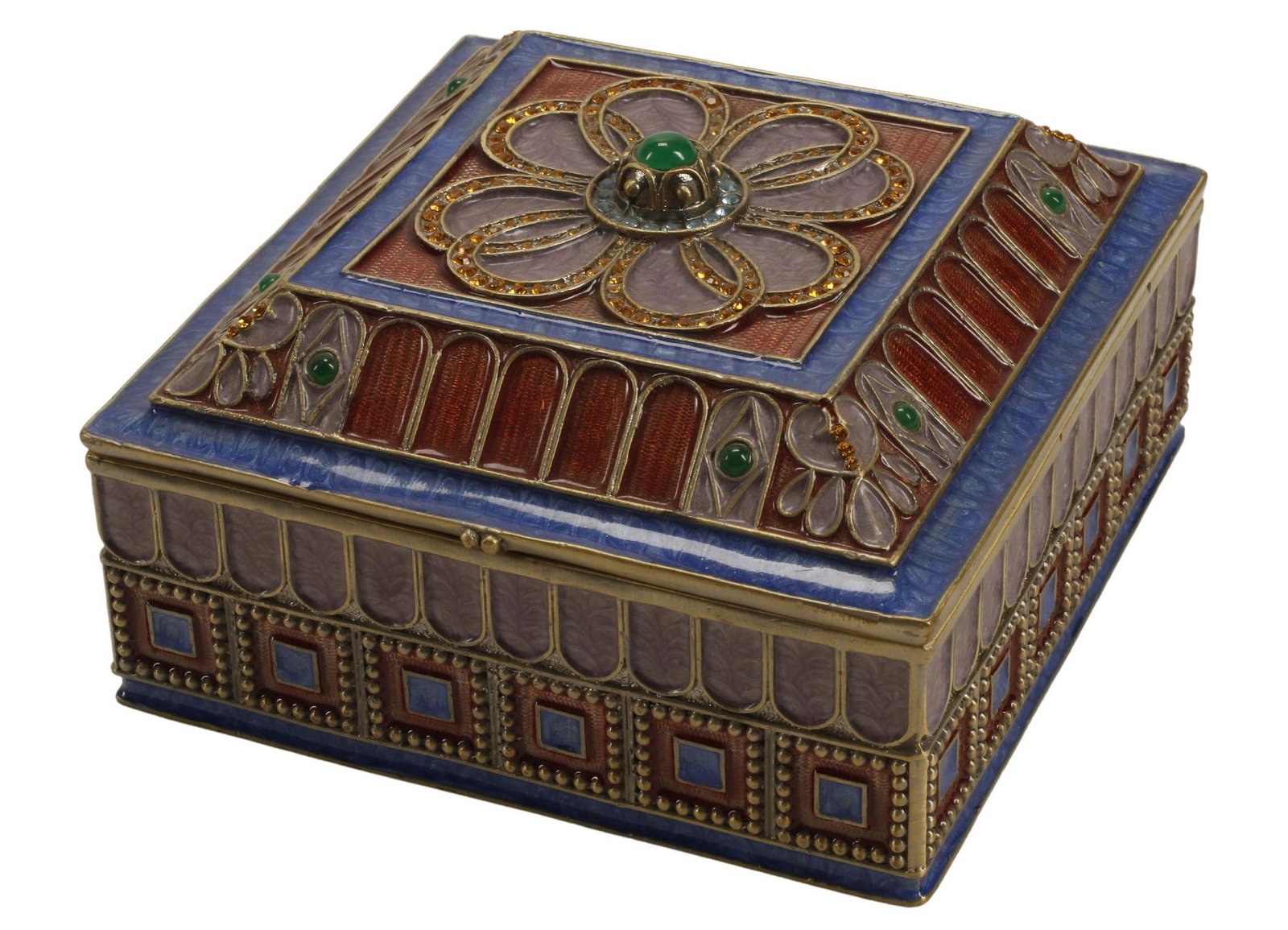 JEWELED & ENAMELED SQUARE BOX/ JEWEL CASKET: Enameled square box/ jewel casket, with inset colored cabochons, approx 3.5"h, 5.5"w, 5.5"d, 4.25lbs Start Price: $150.00