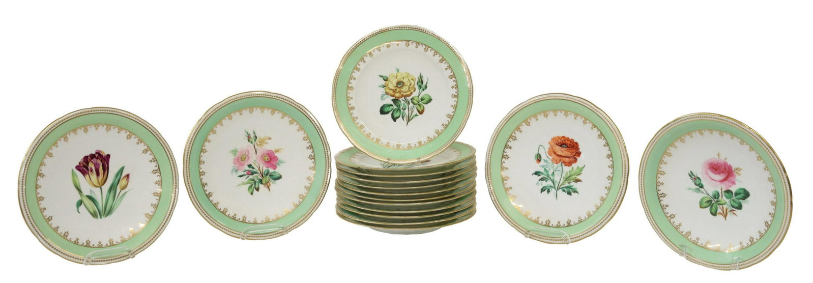(16) ENGLISH APPLE GREEN PORCELAIN DESSERT SERVICE: (lot of 16) English porcelain dessert service, attributed to Minton, with apple green and gilt border, varied hand-painted floral designs, including: (12) plates, some roughness to rims, approx 9"diam