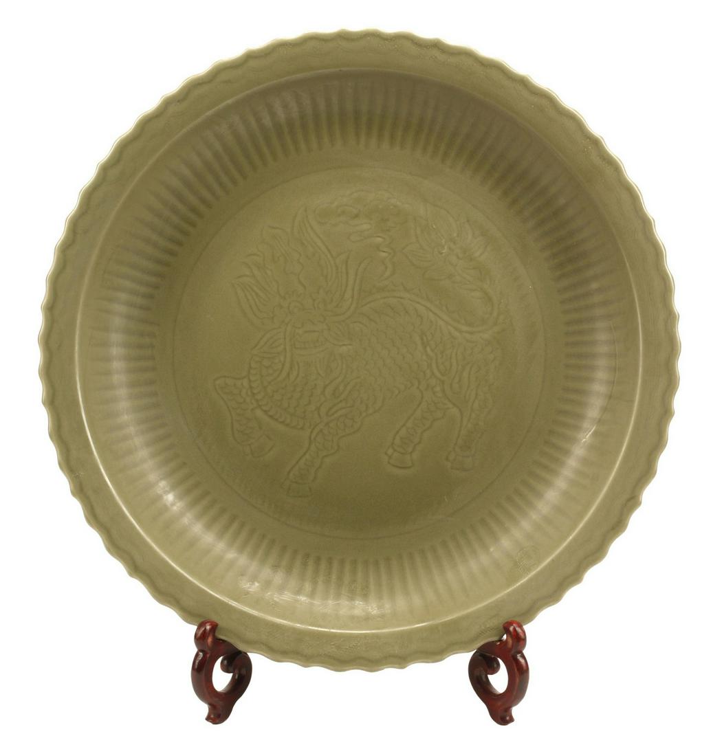 CHINESE CELADON QILIN CHARGER, 21"DIAM (1 of 4)