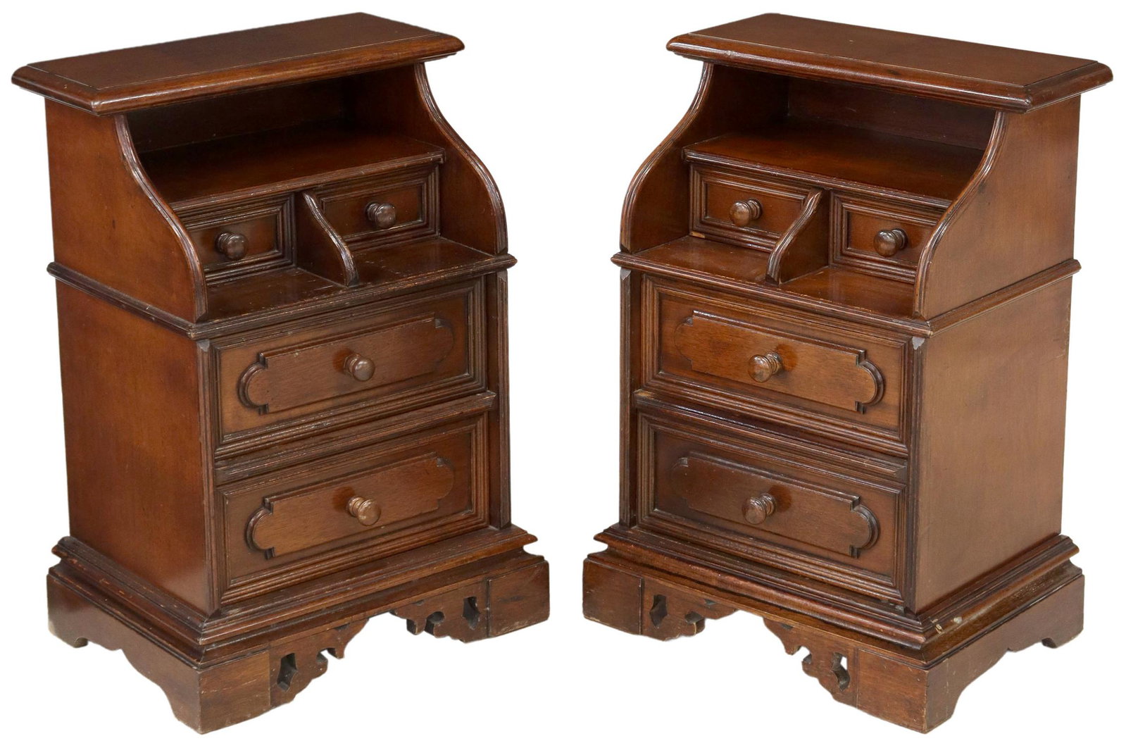 (2) ITALIAN DG MAHOGANY FINISH NIGHTSTANDS: (pair) Italian mahogany finish nightstands, 20th c., open niche, over two setback drawers, two additional drawers below, rising on pierced bracket feet, drawer interior with heat branded mark DG, appr