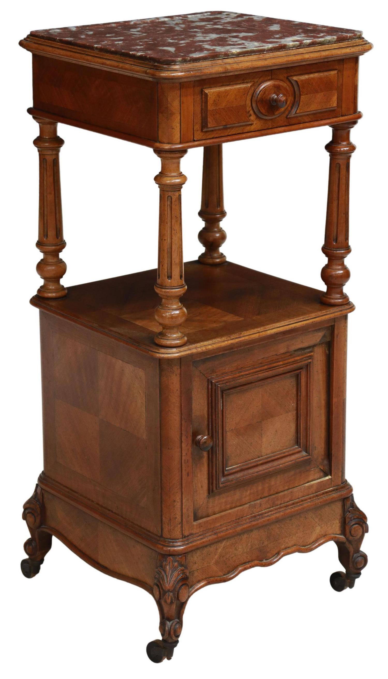 FRENCH MARBLE-TOP WALNUT BEDSIDE CABINET (1 of 7)
