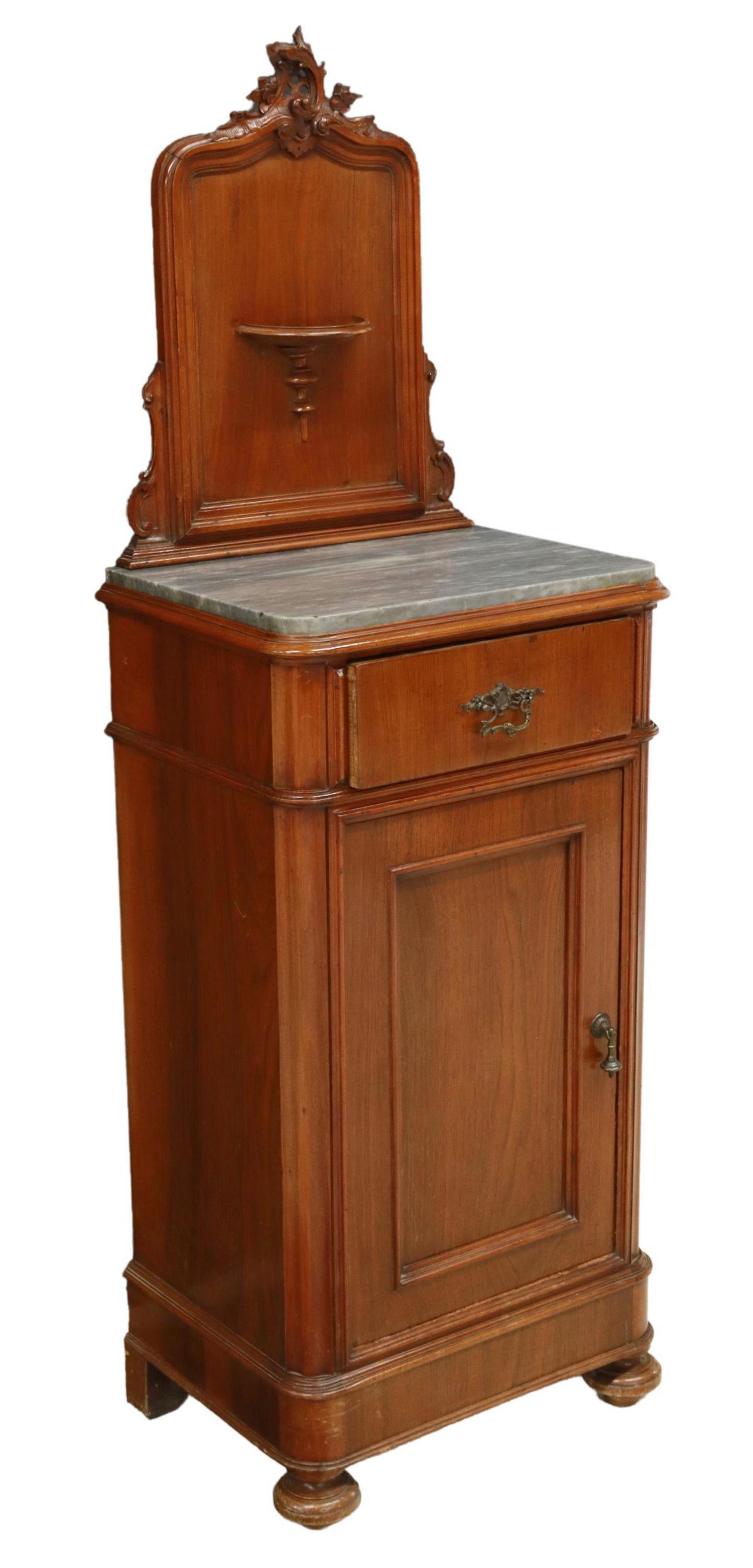 ITALIAN MARBLE-TOP WALNUT BEDSIDE CABINET (1 of 6)