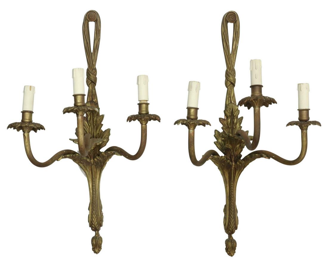 (2) FRENCH GILT METAL THREE-LIGHT WALL SCONCES (1 of 1)