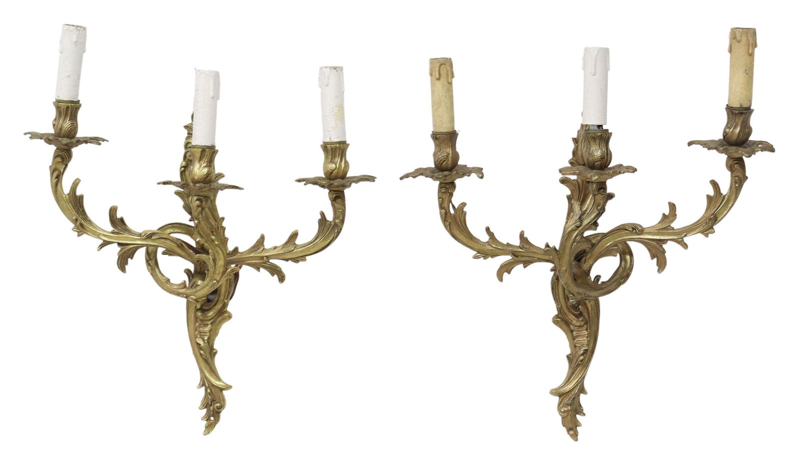 (2) FRENCH LOUIS XV STYLE BRONZE DORE 3-LT SCONCES (1 of 2)