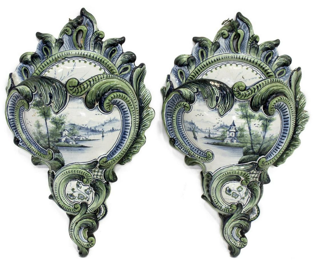 (2) DUTCH DELFT CERAMIC GREEN & BLUE WALL POCKETS (1 of 2)