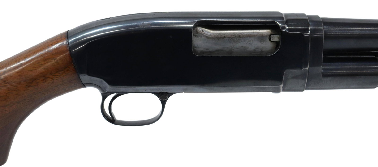 WINCHESTER M12 PUMP SHOTGUN, 16 GAUGE: Winchester Model 12 shotgun, mfg. 1951, slide action, 16 gauge, 27.5 full choke barrel inclusive of Cutts/Lyman compensator, 2.75” chamber, hardwood stock, scratches at stock, metal with light s
