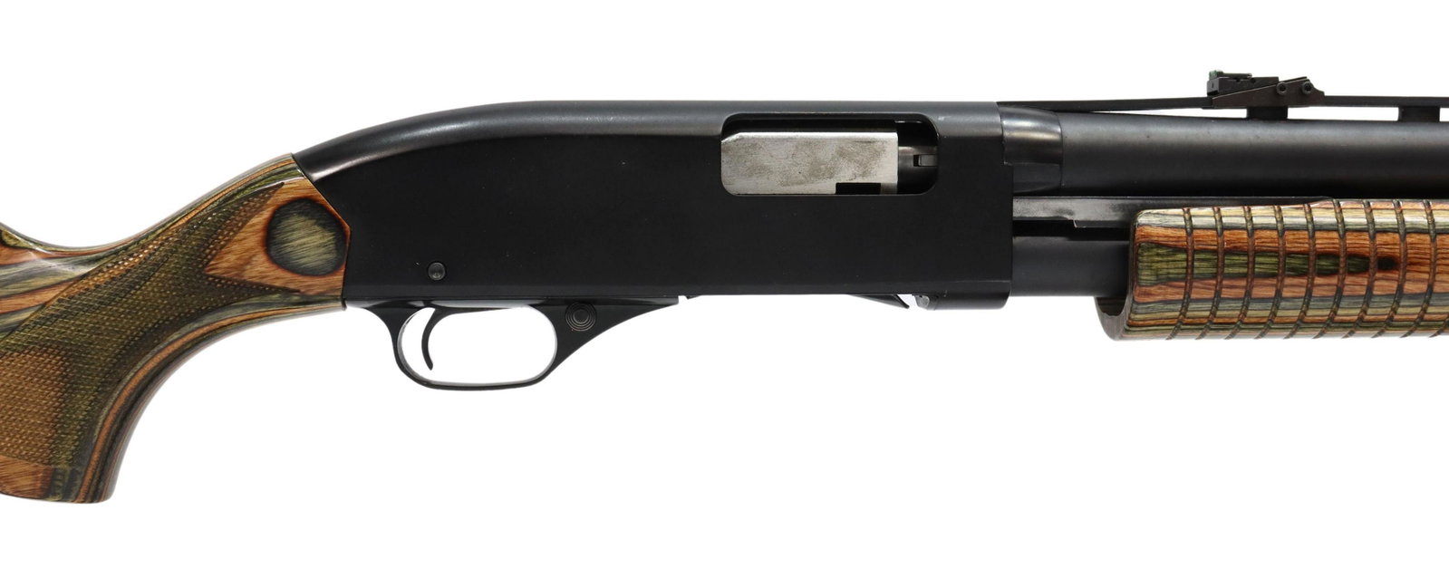 WINCHESTER 1300 CAMMO TURKEY 12GA SHOTGUN: Winchester Model 1300 Turkey shotgun, slide action, 12 gauge, 2.75" and 3" shells, 23" vent rib barrel, installed screw in Hevi-Shot .662 ported Turkey choke, fiber optic sights, camo laminated stock,
