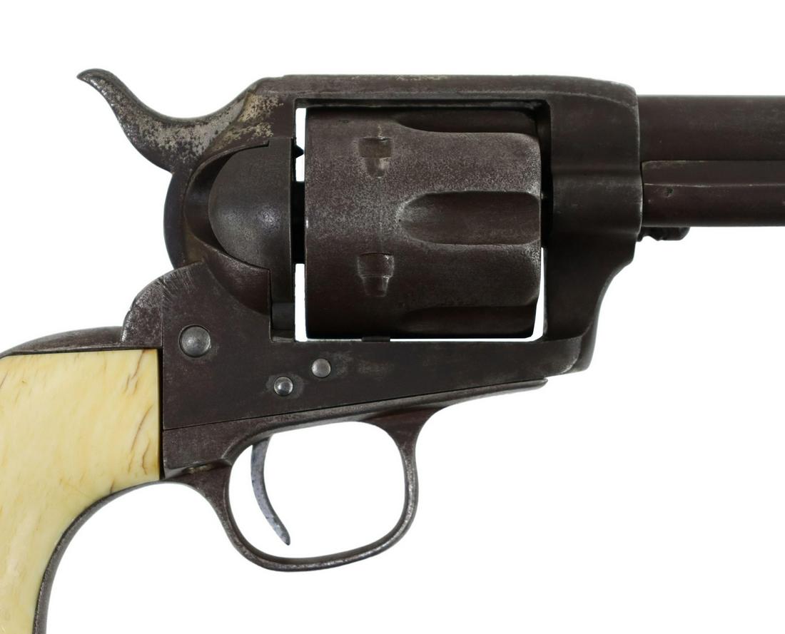 COLT SAA 1883 CAVALRY 45 REVOLVER DFC LANYARD RING: Colt Single Action Army Revolver, U.S. Cavalry Officer's Model, scarce lanyard ring, mfg. 1883, 45 caliber, 7.5" round barrel, six round fluted cylinder, likely original "special order" grips, barrel 