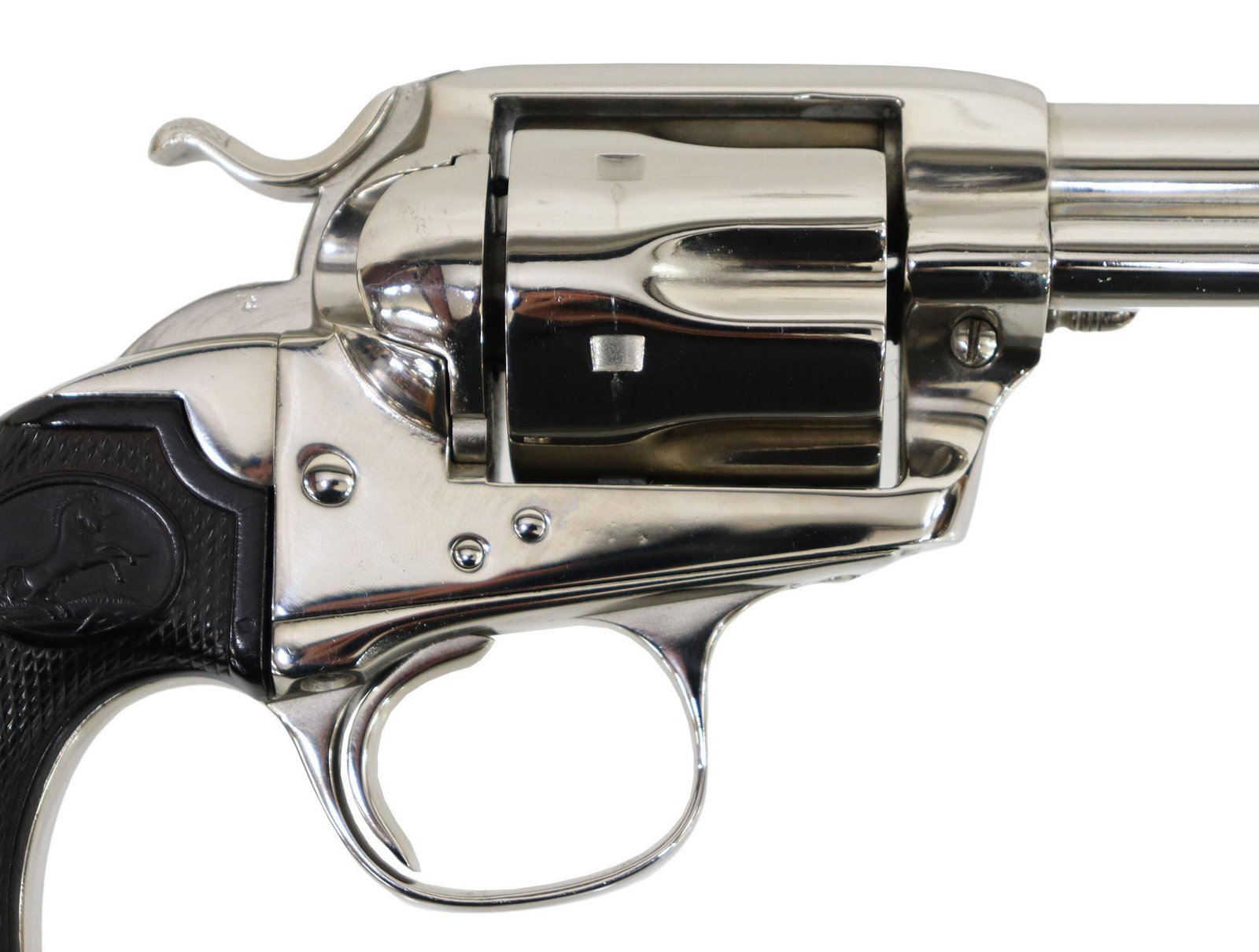 COLT BISLEY SAA REVOLVER, .38WCF CALIBER, 1ST GEN.: Colt Bisley Single Action Army Revolver, 1st Generation, mfg. 1906, .38WCF caliber (.38-40), 4.75" round barrel, six round fluted cylinder, black Colt logo grips, nickel finish, barrel top with Colt t