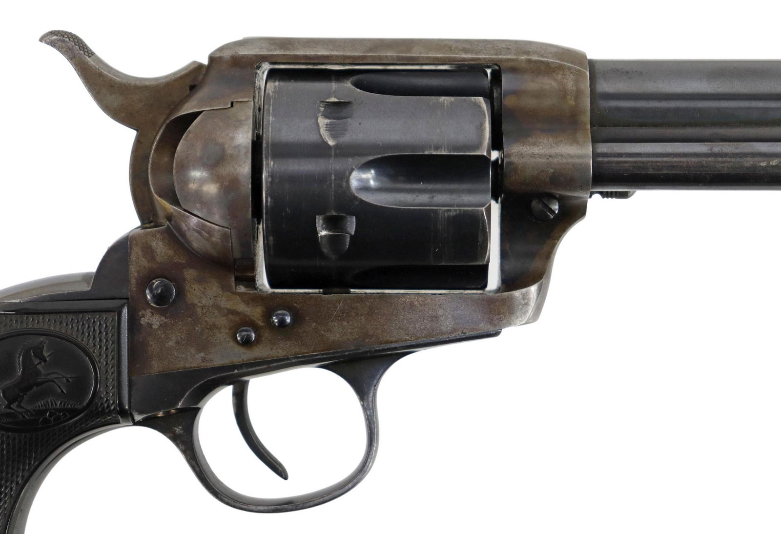 COLT SAA REVOLVER, .45 CALIBER, 1ST GEN. 1915: Colt Single Action Army Revolver, 1st Generation, mfg. 1915, .45 caliber, 5.5" round barrel, six round fluted cylinder, Colt logo grips, single line Colt address on barrel top, caliber at left barrel,