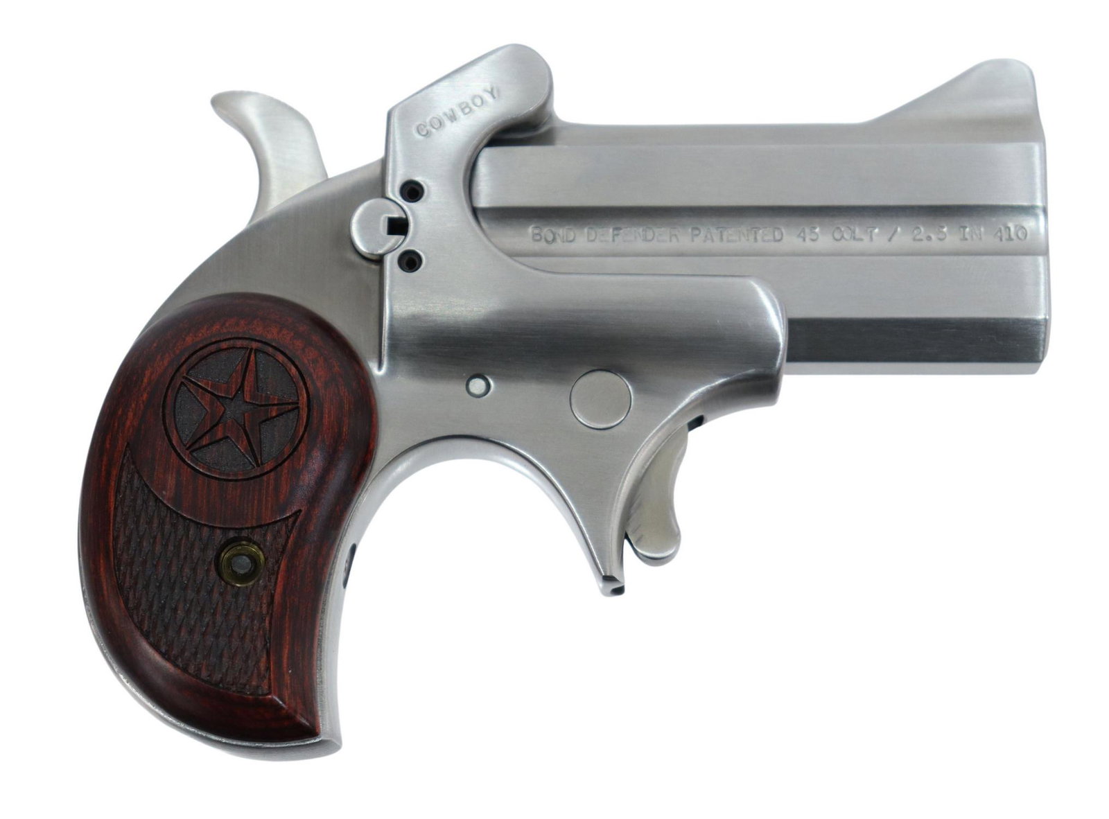 BOND ARMS, TEXAS COWBOY DERRINGER .45/410 OU: Bond Arms, Granbury, Texas, Cowboy Model Derringer, over under 3" barrels, .45 Colt caliber and/or 2.5" .410 shotgun shell, stainless steel finish, checkered wood grips with Texas star, Bond hard case