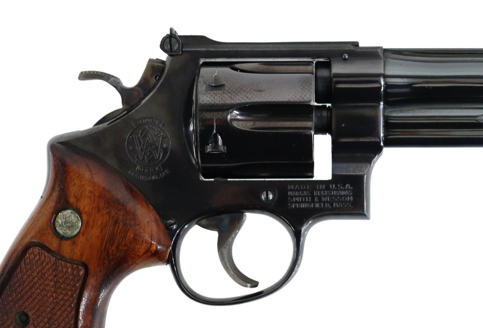 SMITH & WESSON MODEL 27-2 REVOVLER, .357 MAGNUM: Smith & Wesson Model 27-2 revolver, mfg c.1975-77, double action, 357 Magnum caliber, 5.75" barrel, fixed front sight, adjustable rear sight, swing out six round cylinder, checkered S&W wood grips, ho