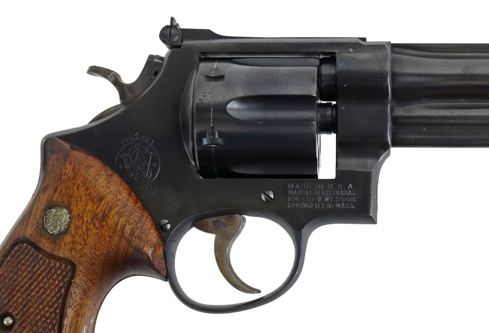SMITH & WESSON 357 HIGHWAY PATROLMAN 28-2 REVOLVER: Smith & Wesson Highway Patrolman Model 28-2 revolver, mfg. 1970-72, .357 caliber, double action, 5.75" barrel, fixed front sight, adjustable rear sight, six round swing out cylinder, S&W logo checkere