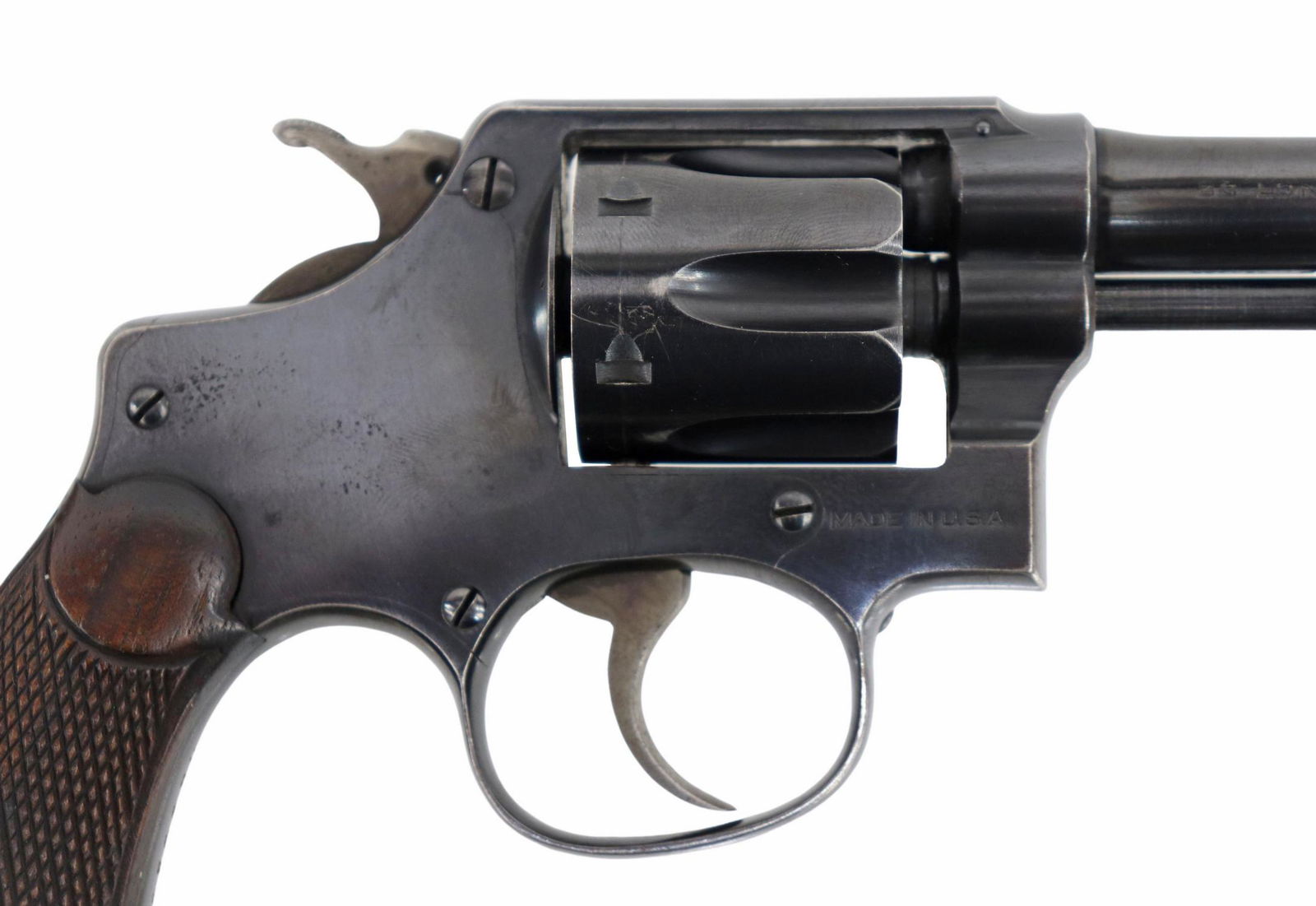 SMITH & WESSON .32 HANG EJECTOR: Smith & Wesson Model .32 Hand Ejector revolver, .32 Long caliber, four screw I frame, double action, 3.25" barrel, six round fluted cylinder, checkered wood grips, SN 4544XX *REQURES FFL TRANSFER* Sta