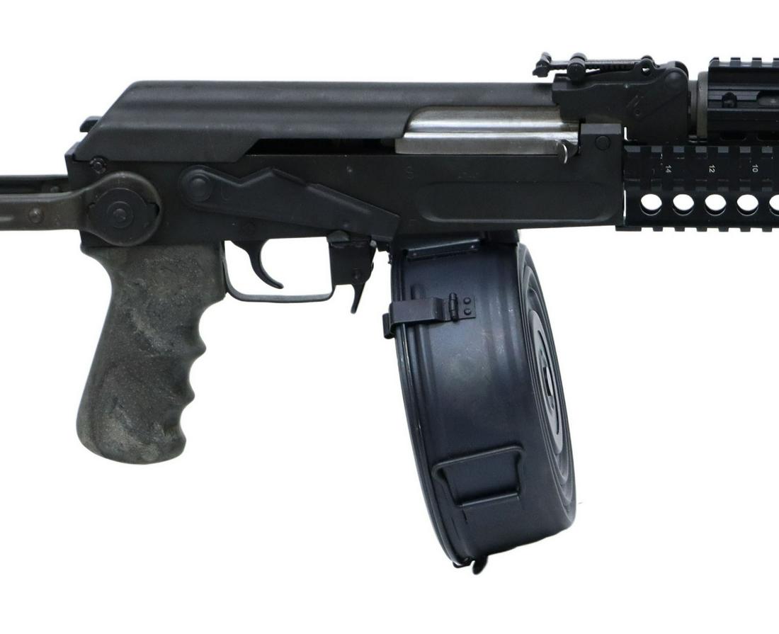 ATI AT47 FOLD STOCK RIFLE, 7.63x39, TWO DRUM MAGS: American Tactical Inc. Model AT-47 semi-automatic rifle, assembled in U.S. with Zastava components, 7.62x39mm caliber, 16.5" barrel with MI-BC556 muzzle blast director, bayonet lug, four accessory rai