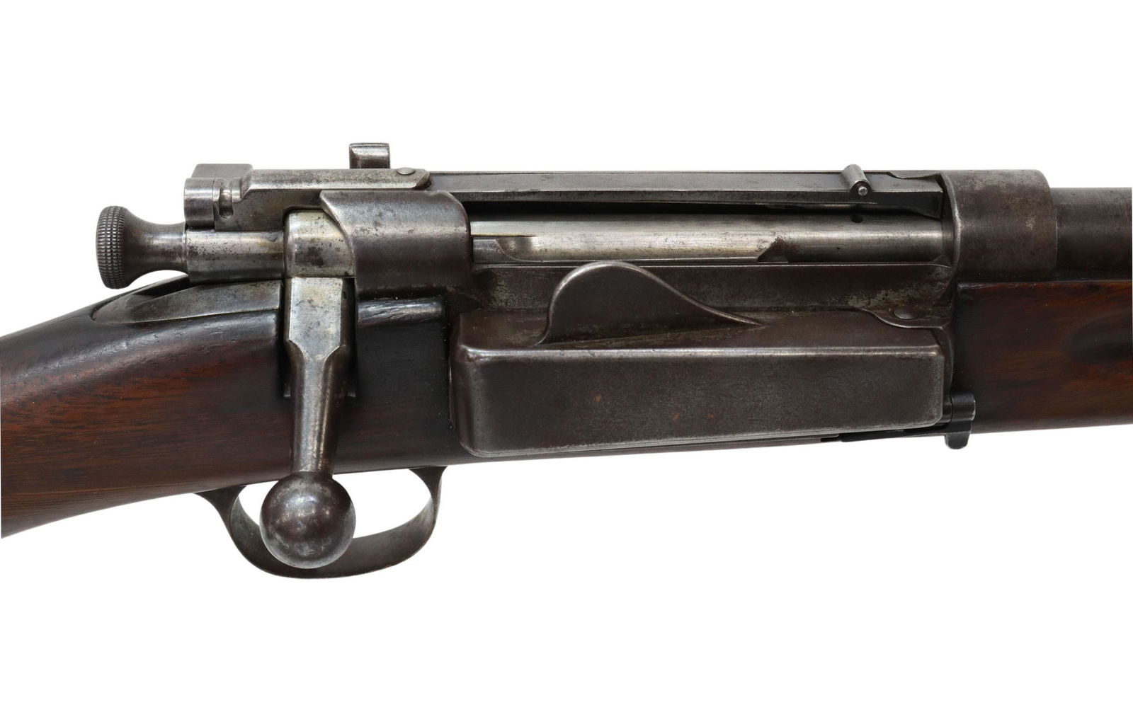 US SPRINGFIELD KRAG MODEL 1899 CARBINE: U.S. Springfield Armory Krag Carbine, Model 1899, .30-40 caliber, bolt action, 22" barrel, adjustable rear slight hardwood stock, marked at left receiver wall U.S. over MODEL 1899 SPRINGFIELD ARMORY,