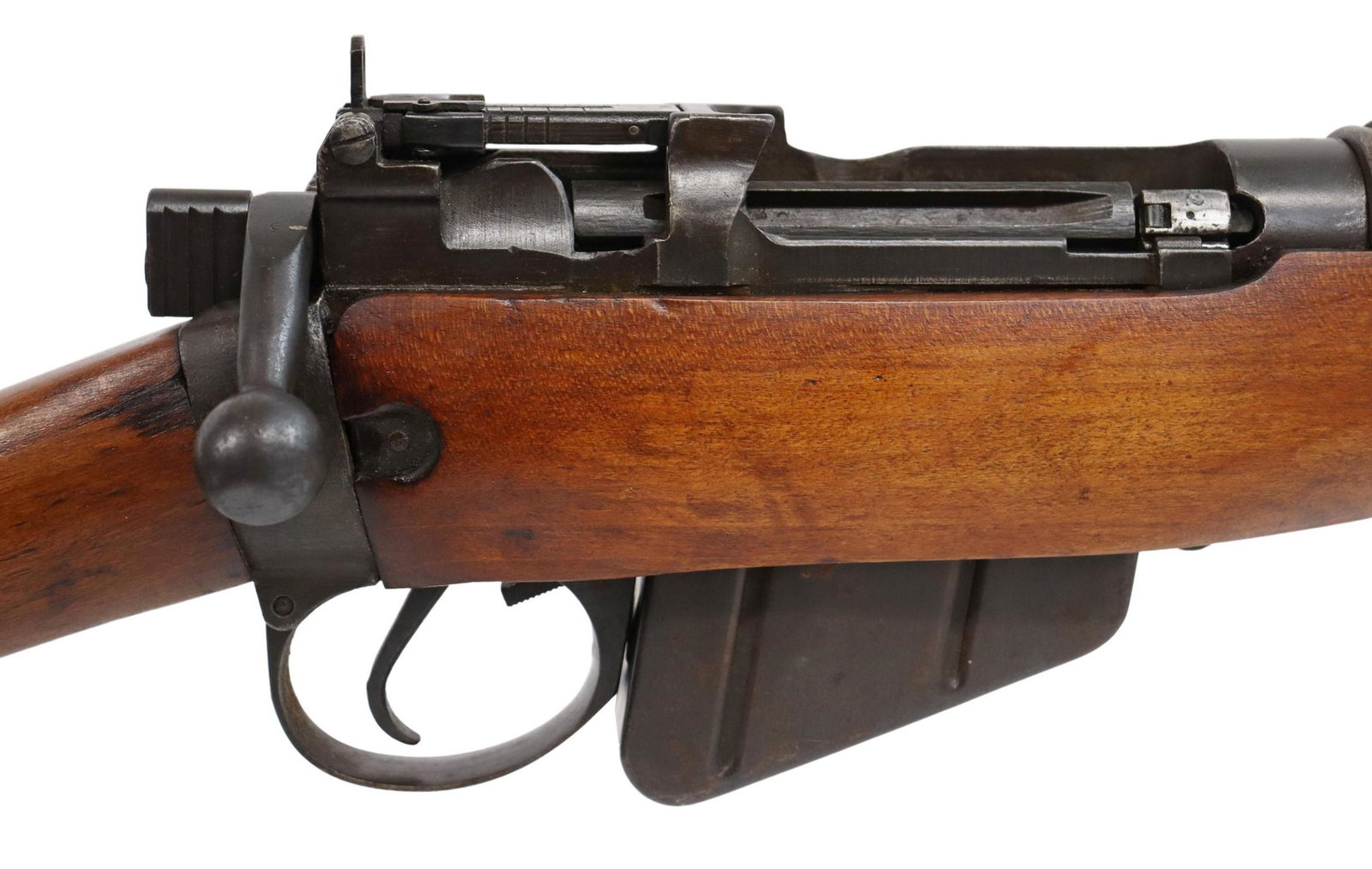 US WWII ENFIELD NO.4 Mk1 .303 RIFLE, STEVENS 1942: U.S. Enfield No. 4 Mk 1 rifle, by Stevens-Savage, bolt action, .303 caliber, 25" barrel, fixed front sight, adjustable rear aperture sight, left receiver wall marked "U.S. PROPERTY" above model number
