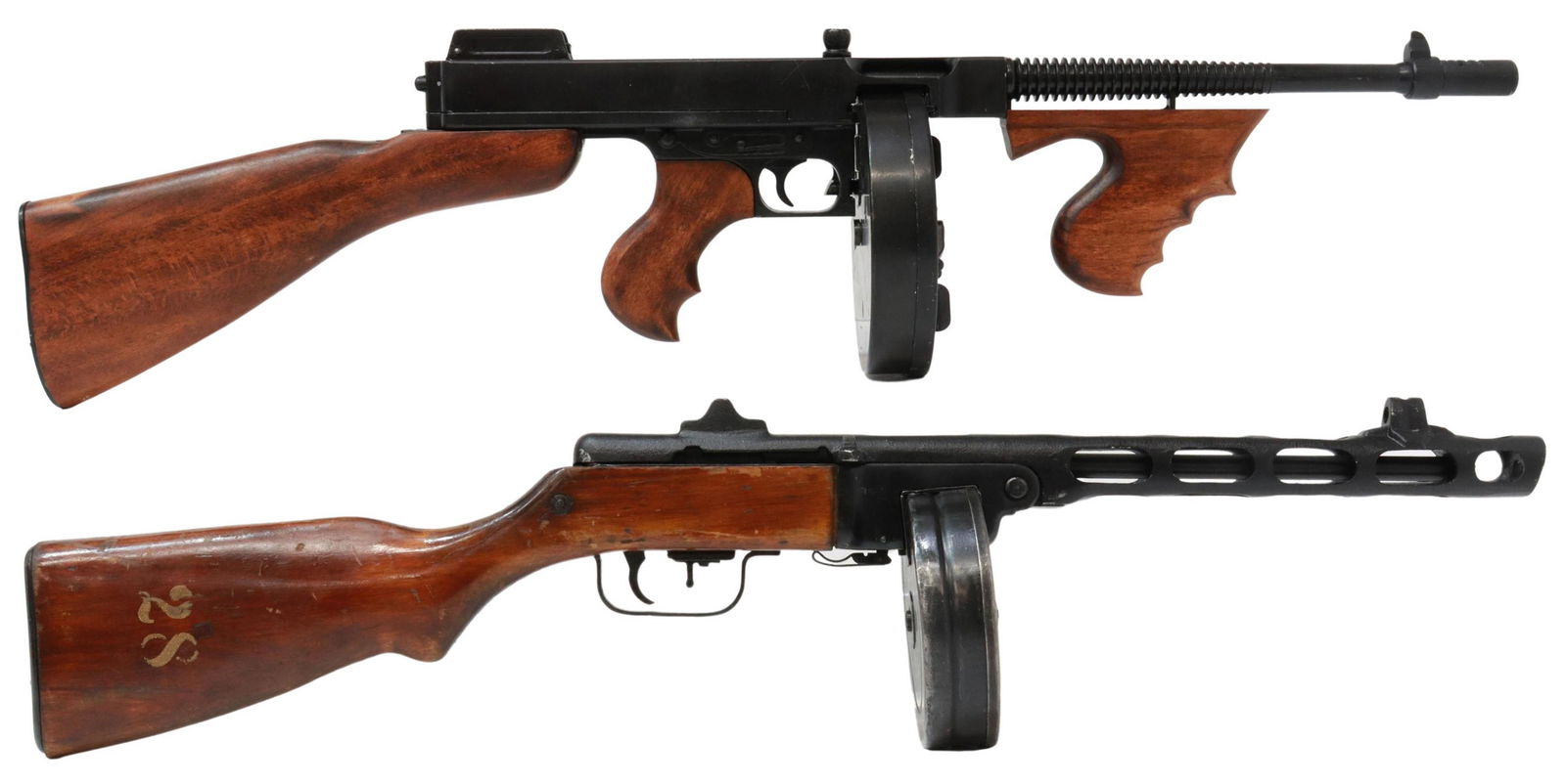 2) NON-FIRING SUB-MACHINE REPLICAS TOMMY & RUSSIAN: (lot of 2) Replica non-firing sub-machine guns, including: (1) by Denix, Spain, Thompson Model of 1928, No.2753, plugged barrel, black metal alloy with wood stock, removable drum magazine, approx 34"l