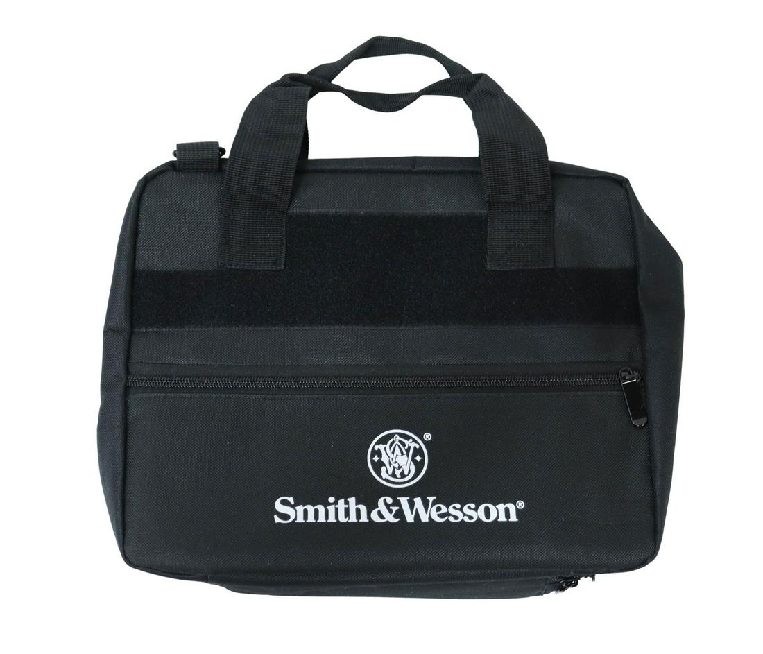SMITH & WESSON PISTOL BAG: Smith & Wesson black cloth pistol bag, will hold two pistols and magazines, several zippered pockets, cloth carry handles, approx. 10.5"h, 12.5"w, 3"d, 1.05lb Start Price: $20.00