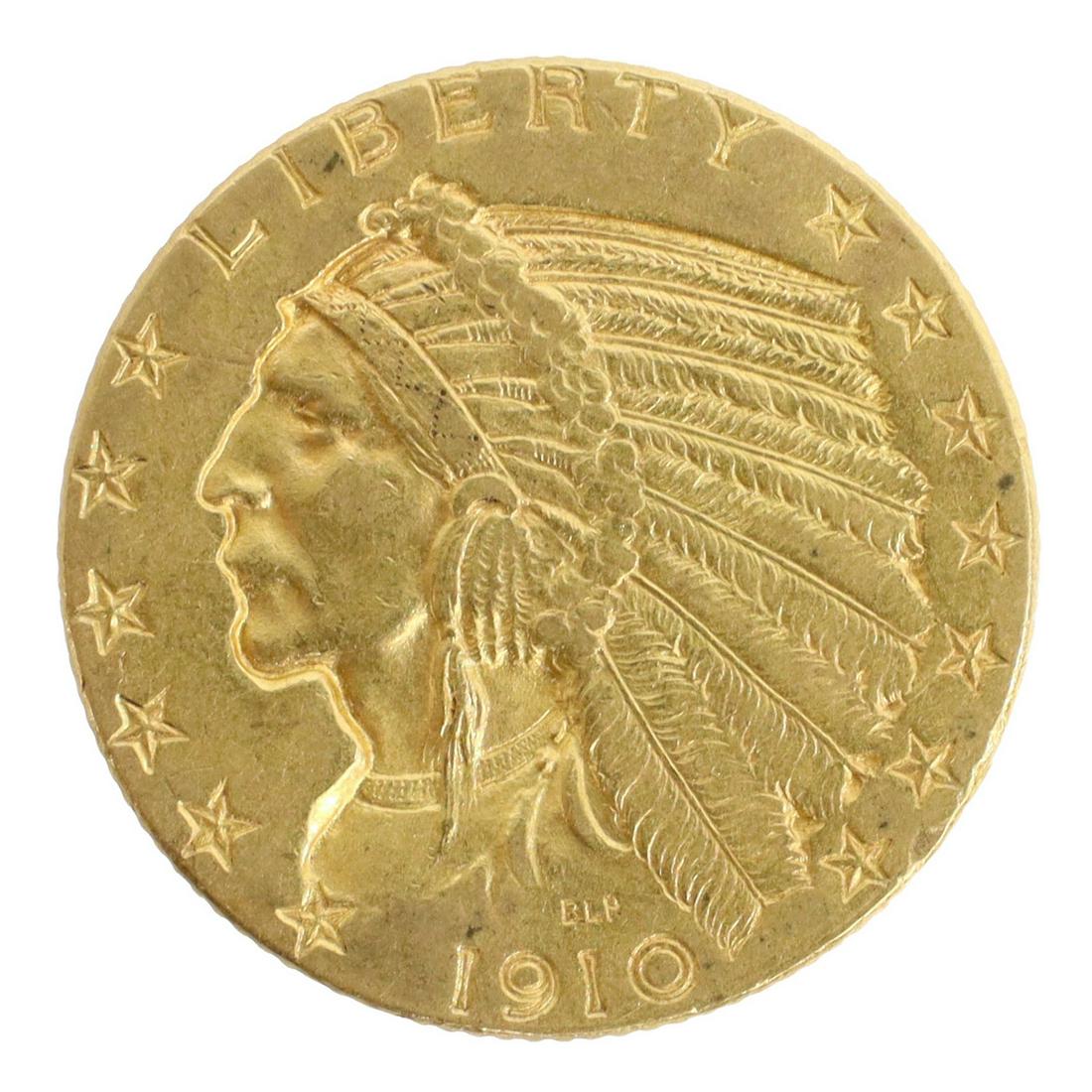 US 1910 INDIAN HEAD $5 DOLLAR HALF EAGLE GOLD COIN: U.S. 1910 Indian Head Five Dollar gold coin Start Price: $350.00