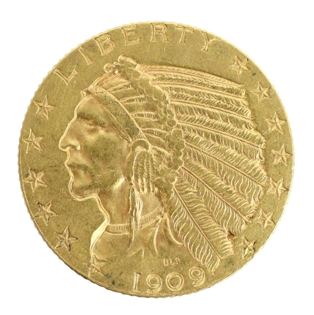 US 1909 INDIAN HEAD $5 DOLLAR HALF EAGLE GOLD COIN: U.S. 1909 Indian Head Five Dollar gold coin Start Price: $350.00