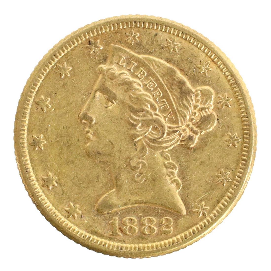 US1882 LIBERTY HEAD $5 DOLLAR HALF EAGLE GOLD COIN: U.S. 1882 Liberty Head Five Dollar gold coin Start Price: $350.00