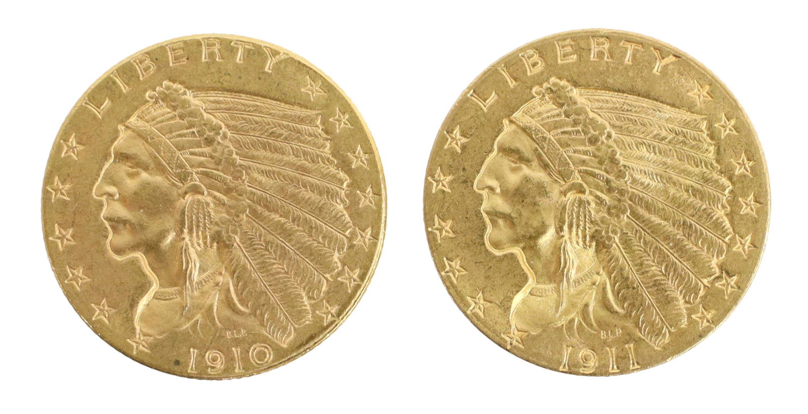 (2) U.S. INDIAN HEAD QUARTER EAGLE 1910 1911 GOLD: (lot of 2) U.S. Quarter Eagle gold coins: (1) 1910 Indian Head 2.1/2 dollar' (1) 1911 Indian Head 2.1/2 dollar Start Price: $400.00