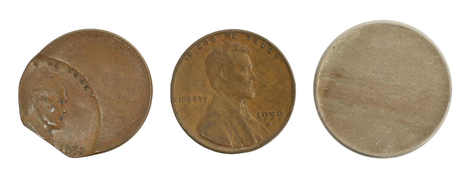 (3) U.S. PENNY ERRORS & NICKEL PLANCHET: (lot of 3) U.S. Error coins: (1) 1952 penny off center and showing only about 1/3; (1) 1959D penny, blank on reverse side; (1) nickel planchet Start Price: $30.00
