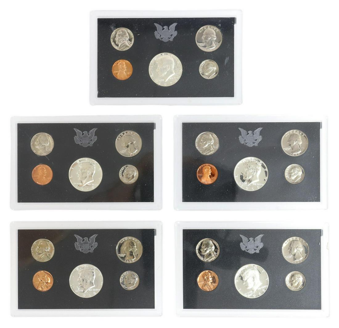(5) U.S. PROOF SETS, 1968, 1969, 1970: (lot of 5) United States Proof Sets, housed in U.S. packaging: (2) 1968; (2) 1969; (1) 1970 Start Price: $40.00