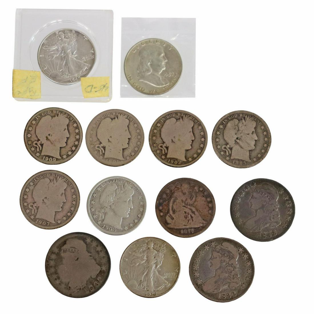 (13) US HALF DOLLARS, 1809, 1832, 1877CC, MORE: (lot of 13) U.S. Half Dollar collection: (1) 1809; (2) 1832; (1) 1877CC, (1) 1893; (1) 1901; (1) 1902; (1) 1907; (1) 1908S; (1) 1909'O'; (1) 1938D; (1) 1945D; (1) 1957 unc Start Price: $150.00