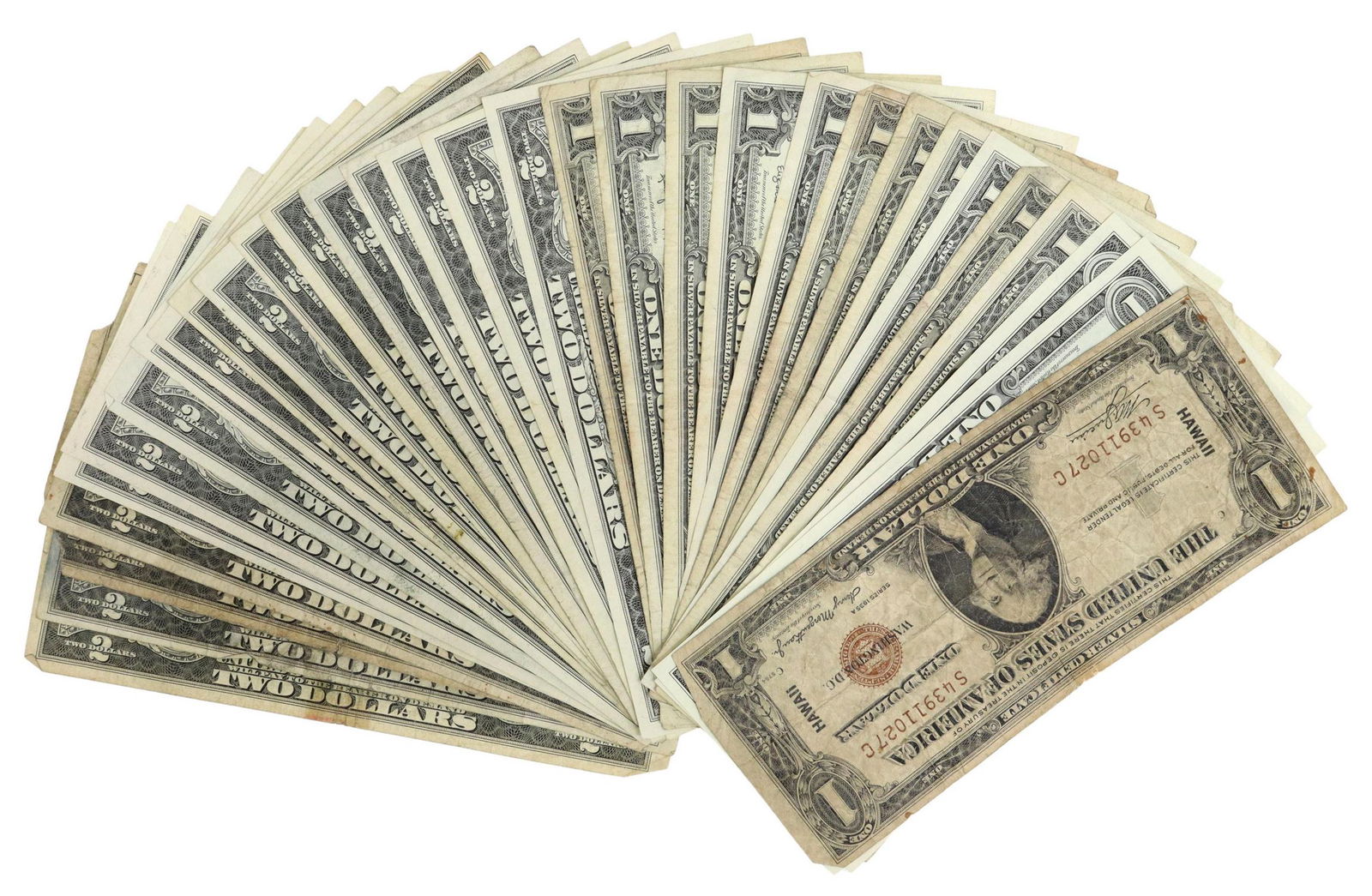 (34) US ONE DOLLAR SILVER CERT & TWO DOLLAR BILLS: (lot of 34) U.S. Currency: ONE Dollar Silver Certificates (1) Hawaii, series 1935A: (2) series of 1963A; (7) series of 1957; (2) series 1957A; (1) series 1957B; (1) series 1935G: TWO DOLLAR BILLSs: (1