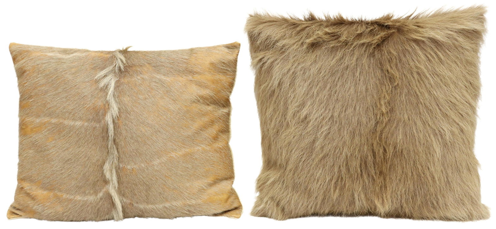 (2) LARGE SWAMP DEER & KUDU HIDE THROW PILLOWS: (lot of 2) Large throw pillows, both fashioned from hide and leather, including: (1) Barasingha deer also known as swamp deer, (1) African Kudu, seam open to one side, both animals known to be on Texa