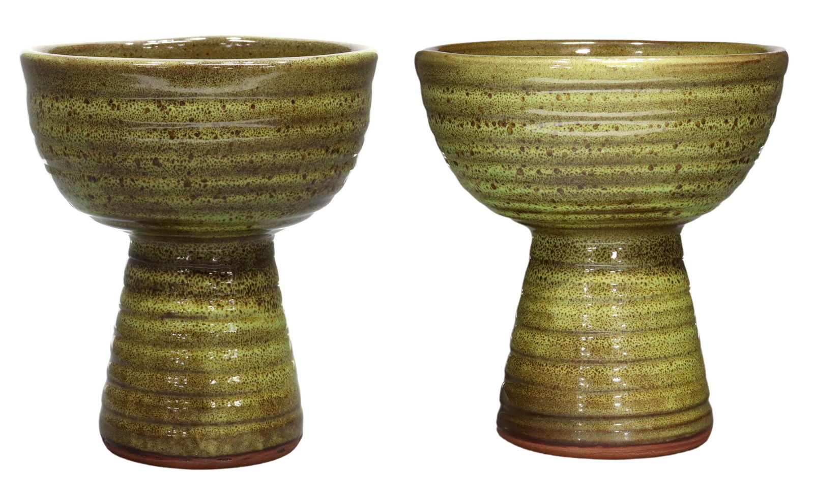 (2) HARDING BLACK (1912-2004) POTTERY COMPOTES: (lot of 2) Glazed pottery compotes, Harding Black (Texas, 1912-2004), in speckled green and brown glaze, signed and dated 1983 underfoot, approx 5.5"h, 4.75" diam; 3lbs total Start Price: $150.00